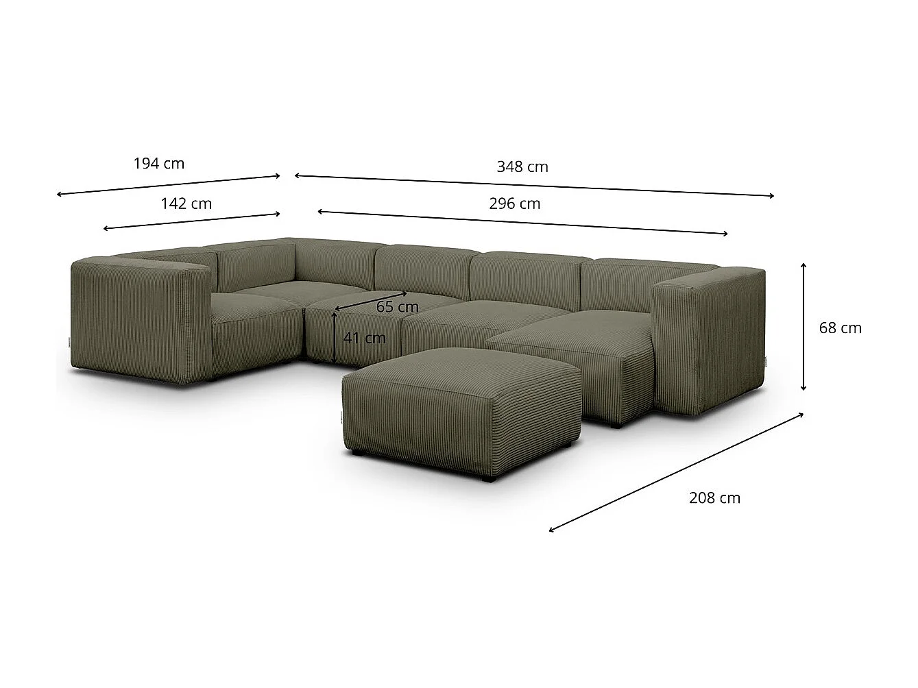 Canapé modulable panoramique 6 places avec méridienne à droite + pouf en velours côtelé vert kaki - Modulo
