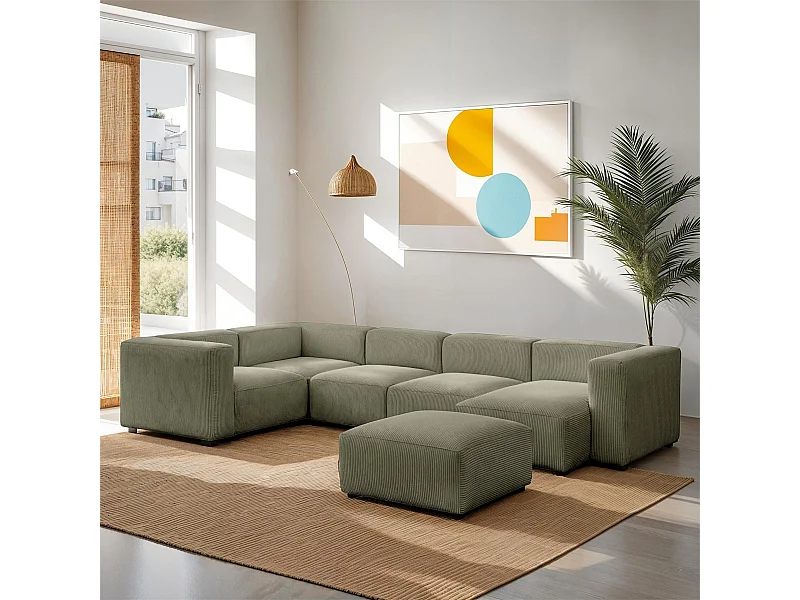 Canapé modulable panoramique 6 places avec méridienne à droite + pouf en velours côtelé vert kaki - Modulo