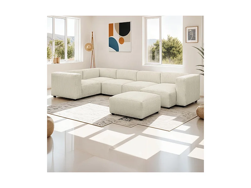 Canapé modulable panoramique 6 places avec méridienne à droite + pouf en velours côtelé beige - Modulo