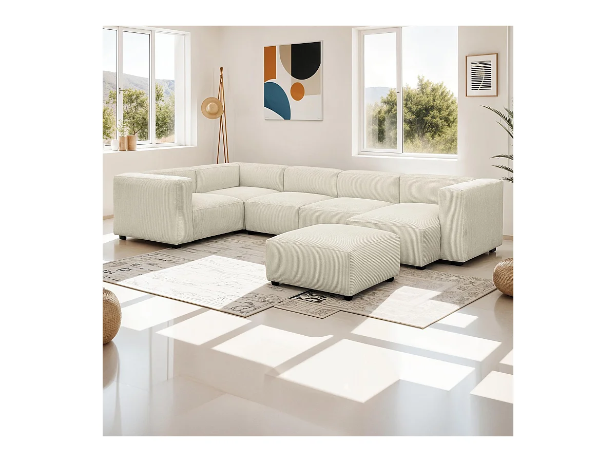 Canapé modulable panoramique 6 places avec méridienne à droite + pouf en velours côtelé beige - Modulo