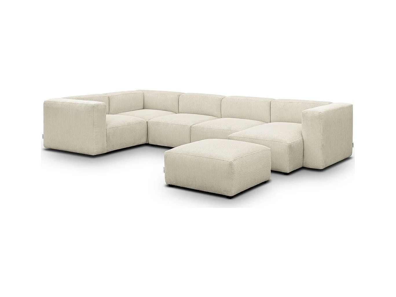 Canapé modulable panoramique 6 places avec méridienne à droite + pouf en velours côtelé beige - Modulo