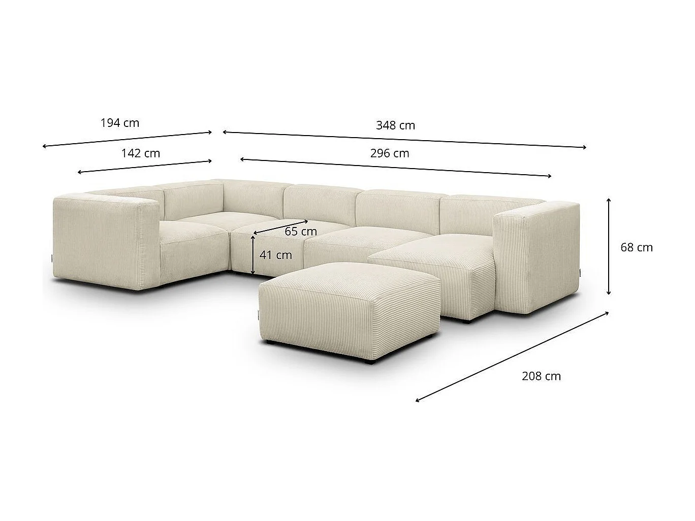 Canapé modulable panoramique 6 places avec méridienne à droite + pouf en velours côtelé beige - Modulo