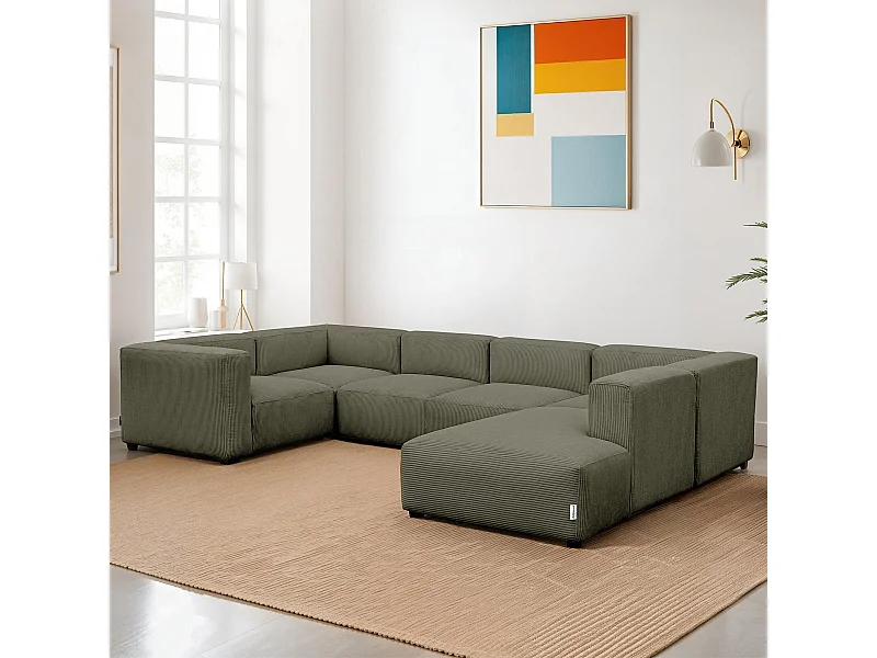 Canapé modulable panoramique 9 places ouvert à droite + pouf en velours côtelé vert kaki - Modulo