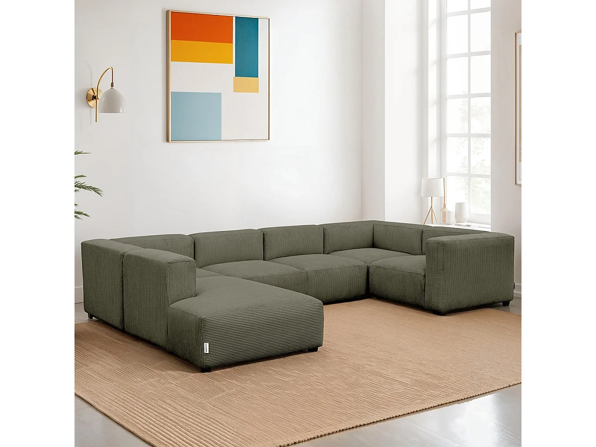 Canapé modulable panoramique 9 places ouvert à gauche en velours côtelé vert kaki - Modulo