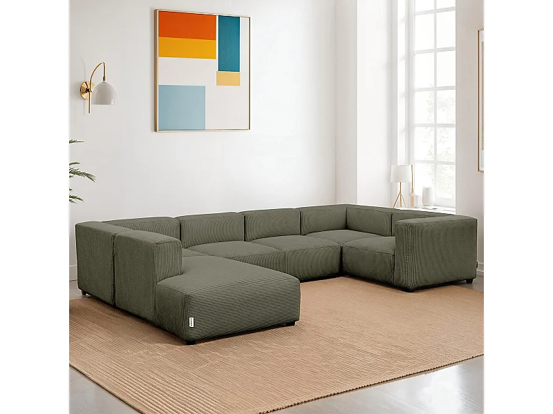 Canapé modulable panoramique 9 places ouvert à gauche en velours côtelé vert kaki - Modulo