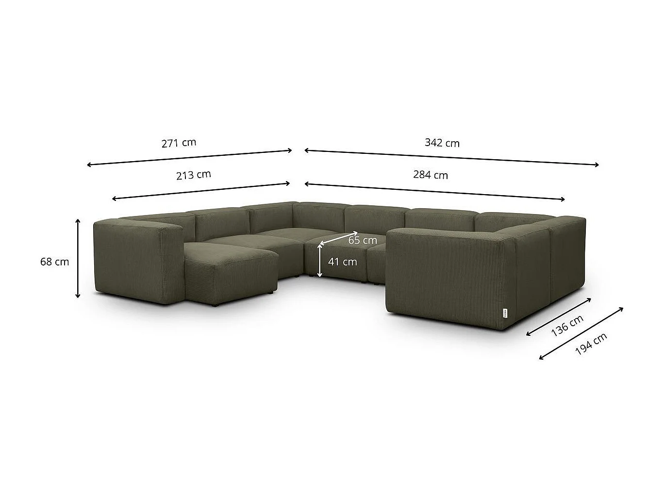 Canapé modulable panoramique 10 places avec méridienne à gauche en velours côtelé vert kaki - Modulo