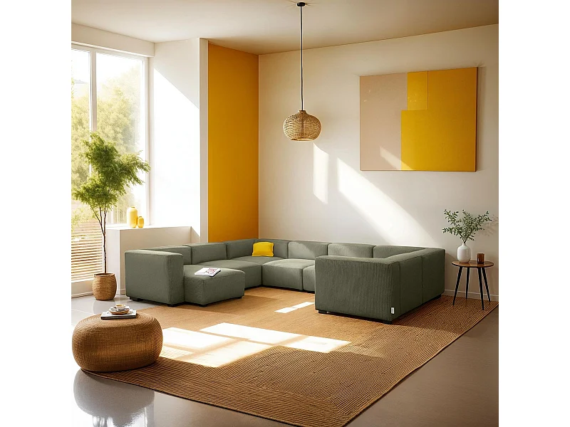 Canapé modulable panoramique 10 places avec méridienne à gauche en velours côtelé vert kaki - Modulo