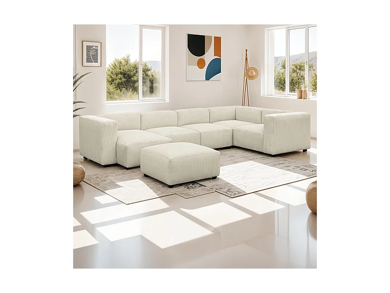 Canapé modulable panoramique 6 places avec méridienne à gauche + pouf en velours côtelé beige - Modulo