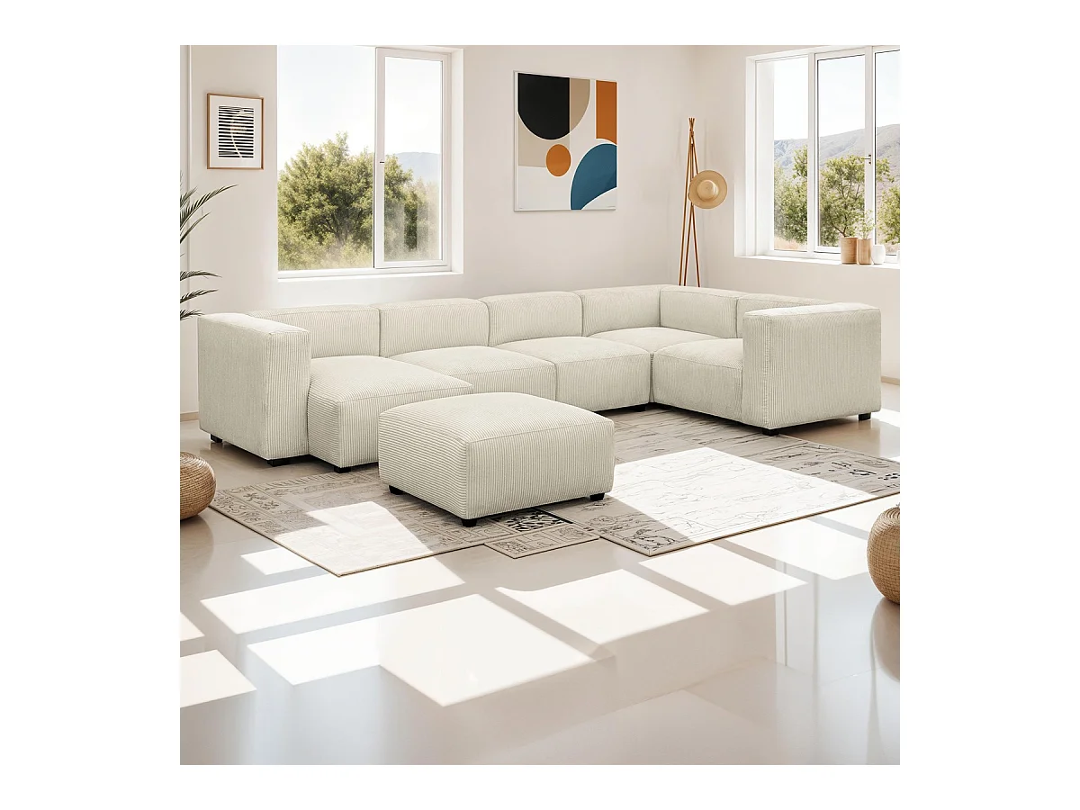 Canapé modulable panoramique 6 places avec méridienne à gauche + pouf en velours côtelé beige - Modulo