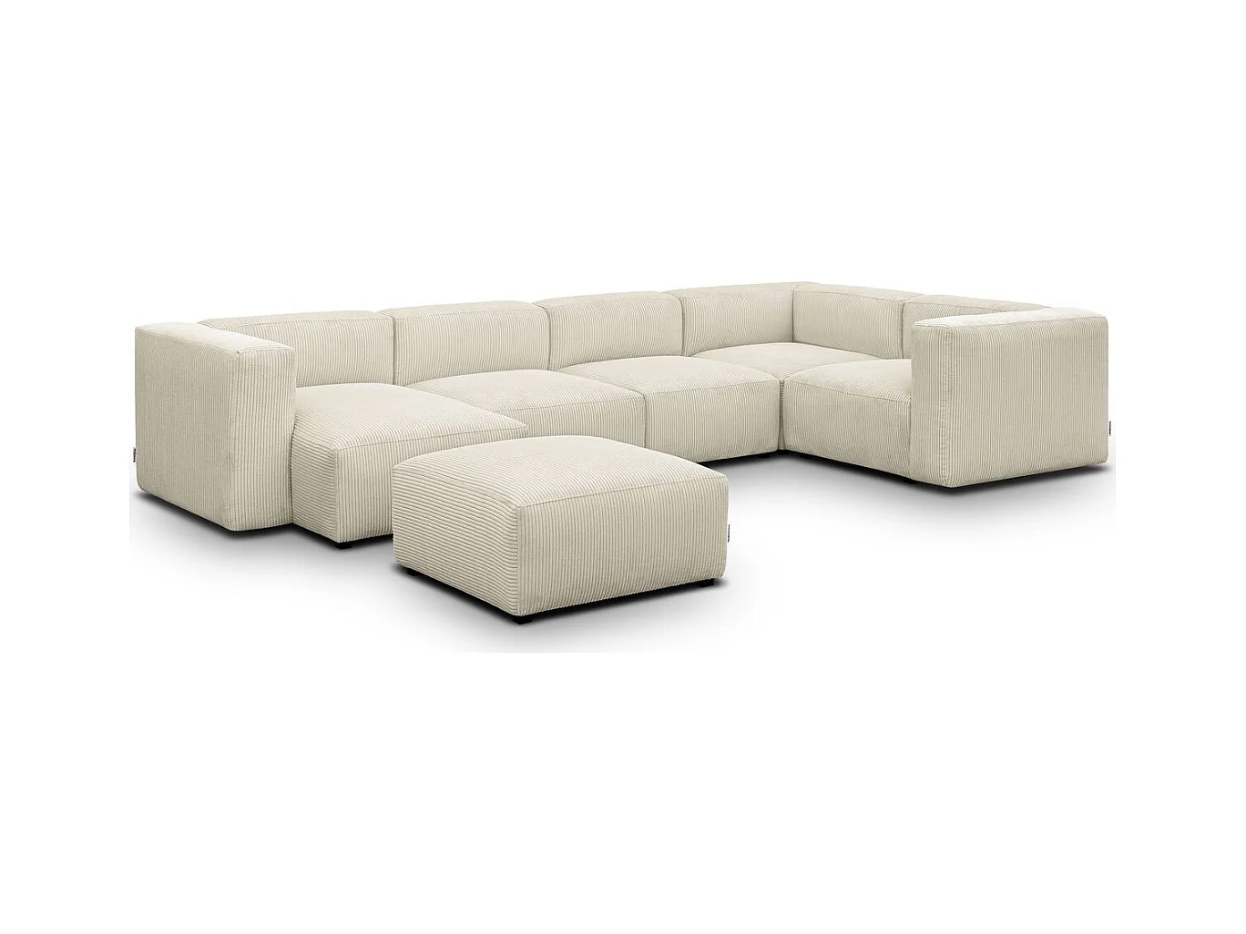 Canapé modulable panoramique 6 places avec méridienne à gauche + pouf en velours côtelé beige - Modulo