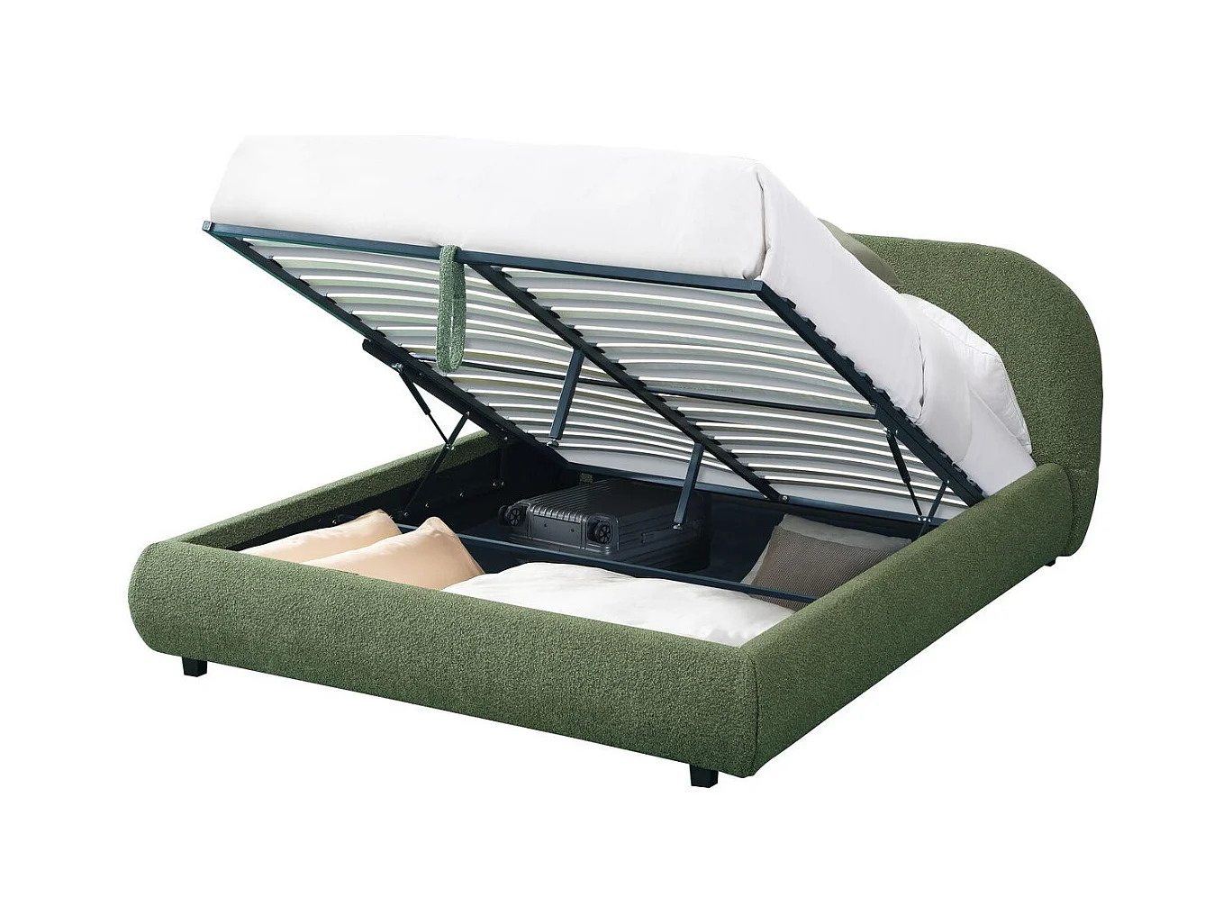 Lit coffre adulte 140x190 cm avec tête de lit matelassée en tissu bouclé vert kaki - Madisson
