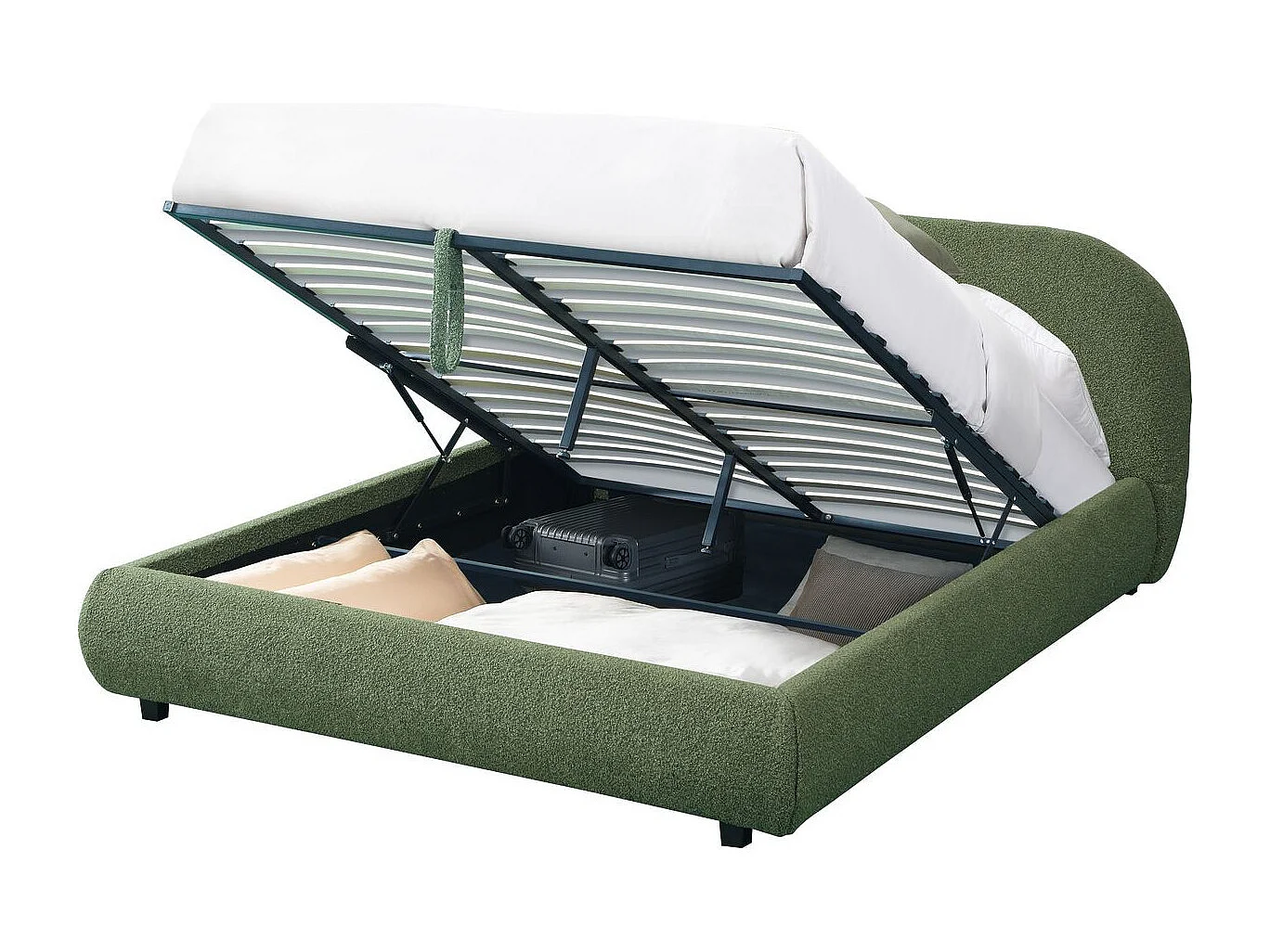 Lit coffre 140x190 cm avec tête de lit matelassée en tissu bouclé vert kaki - Madisson