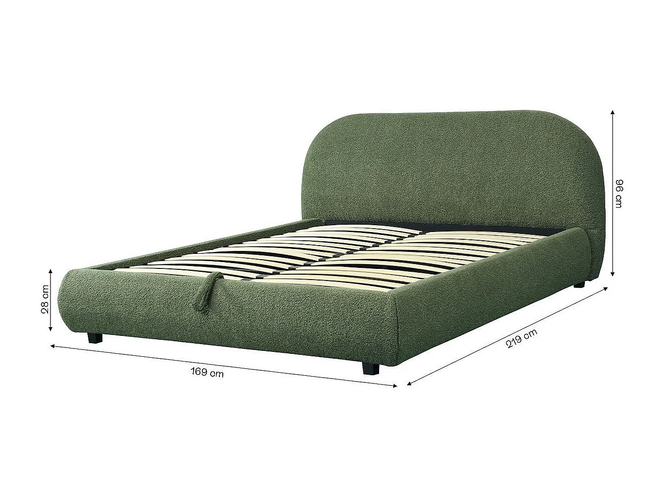 Lit coffre 140x190 cm avec tête de lit matelassée en tissu bouclé vert kaki - Madisson