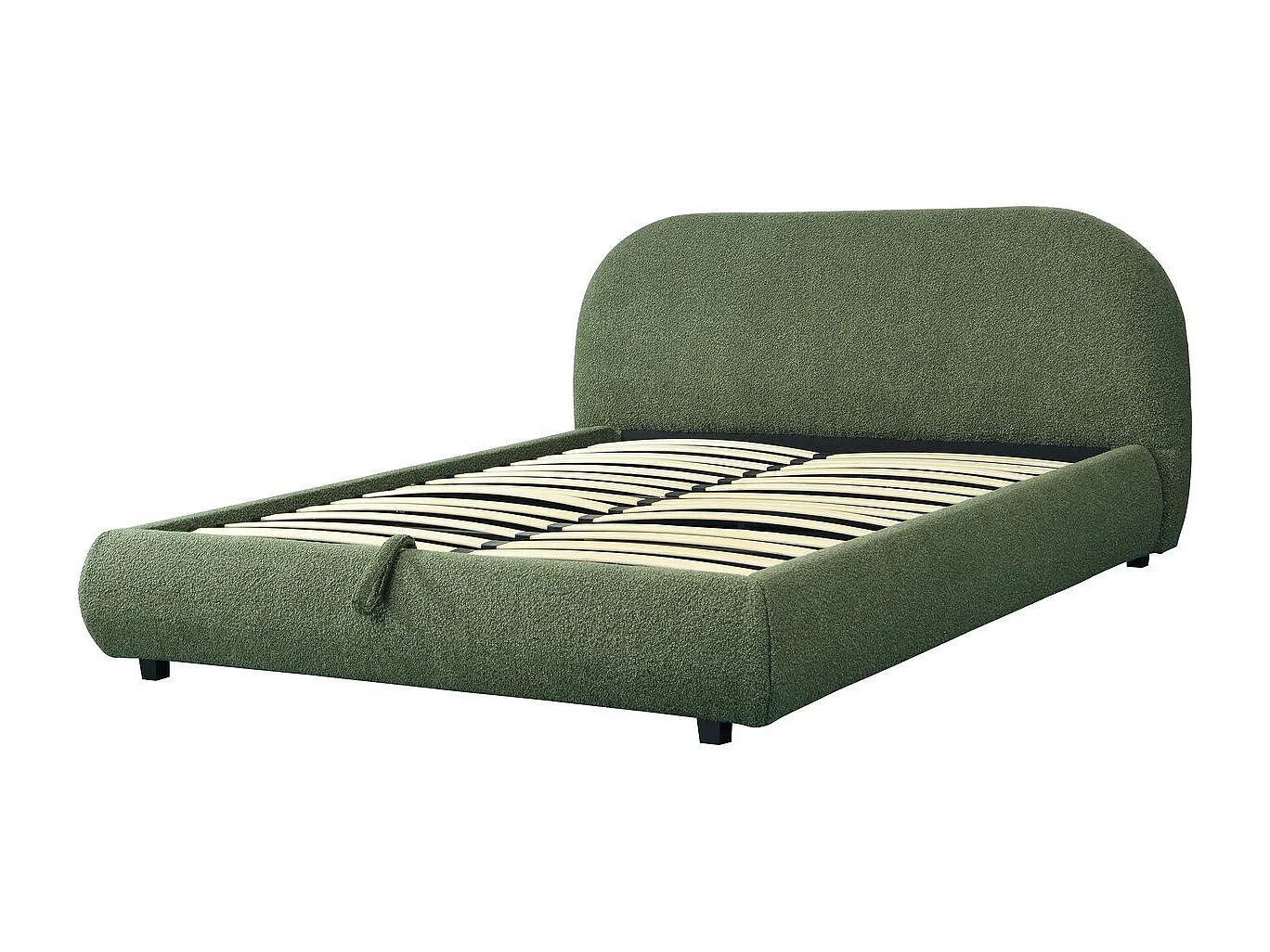 Lit coffre 140x190 cm avec tête de lit matelassée en tissu bouclé vert kaki - Madisson