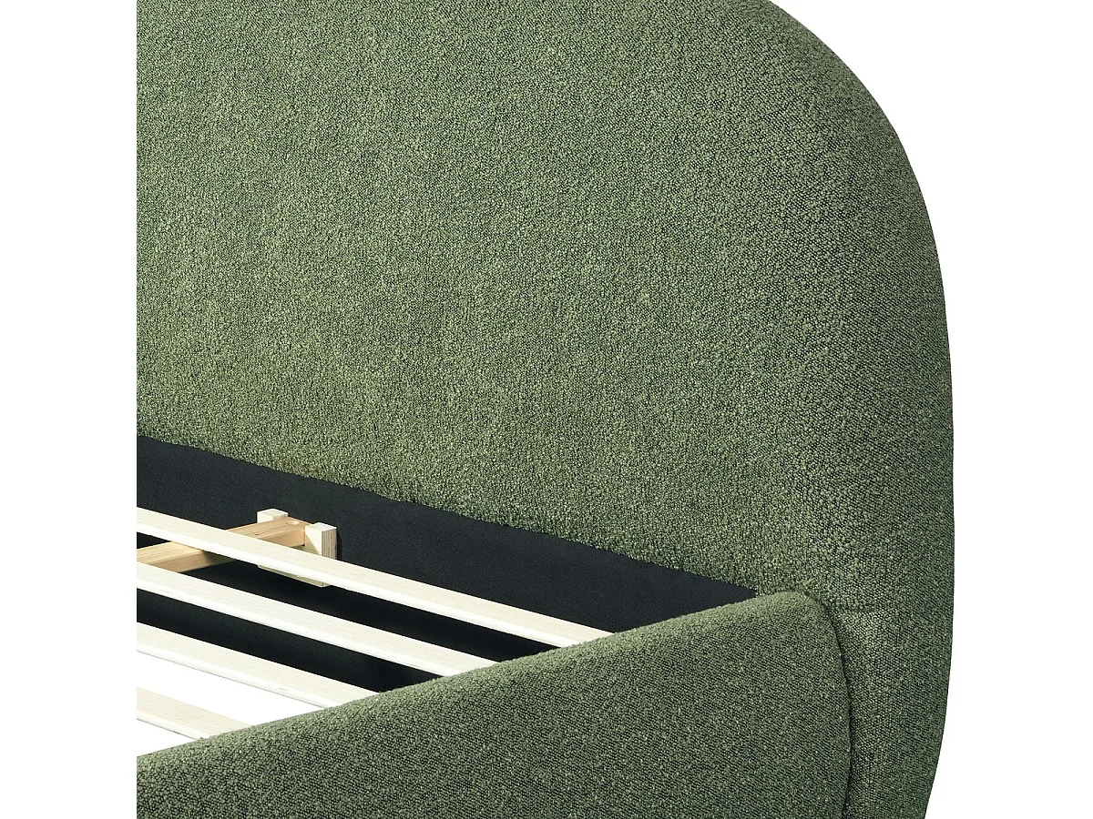 Lit coffre 140x190 cm avec tête de lit matelassée en tissu bouclé vert kaki - Madisson