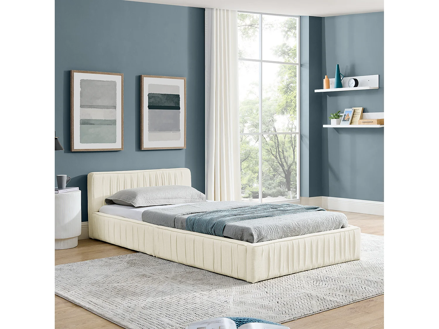 Beige eenpersoonsbed 90x200cm, lattenbodem, chenille stof (zonder matras)