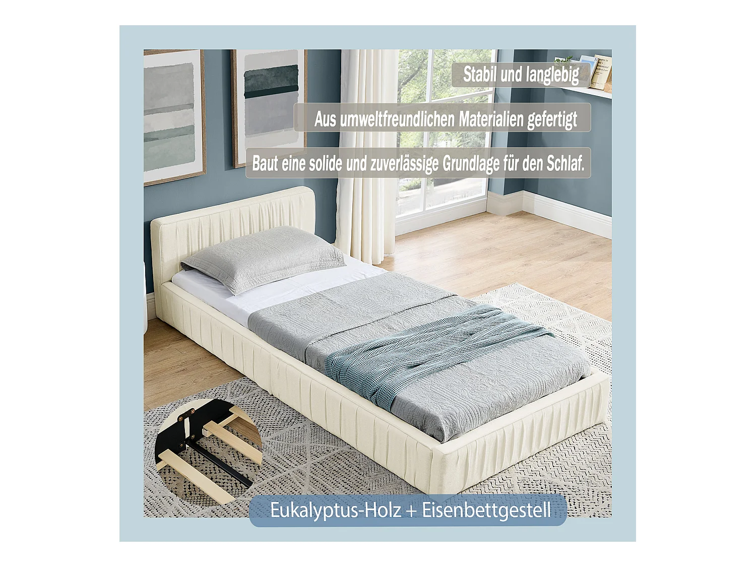 Beige eenpersoonsbed 90x200cm, lattenbodem, chenille stof (zonder matras)