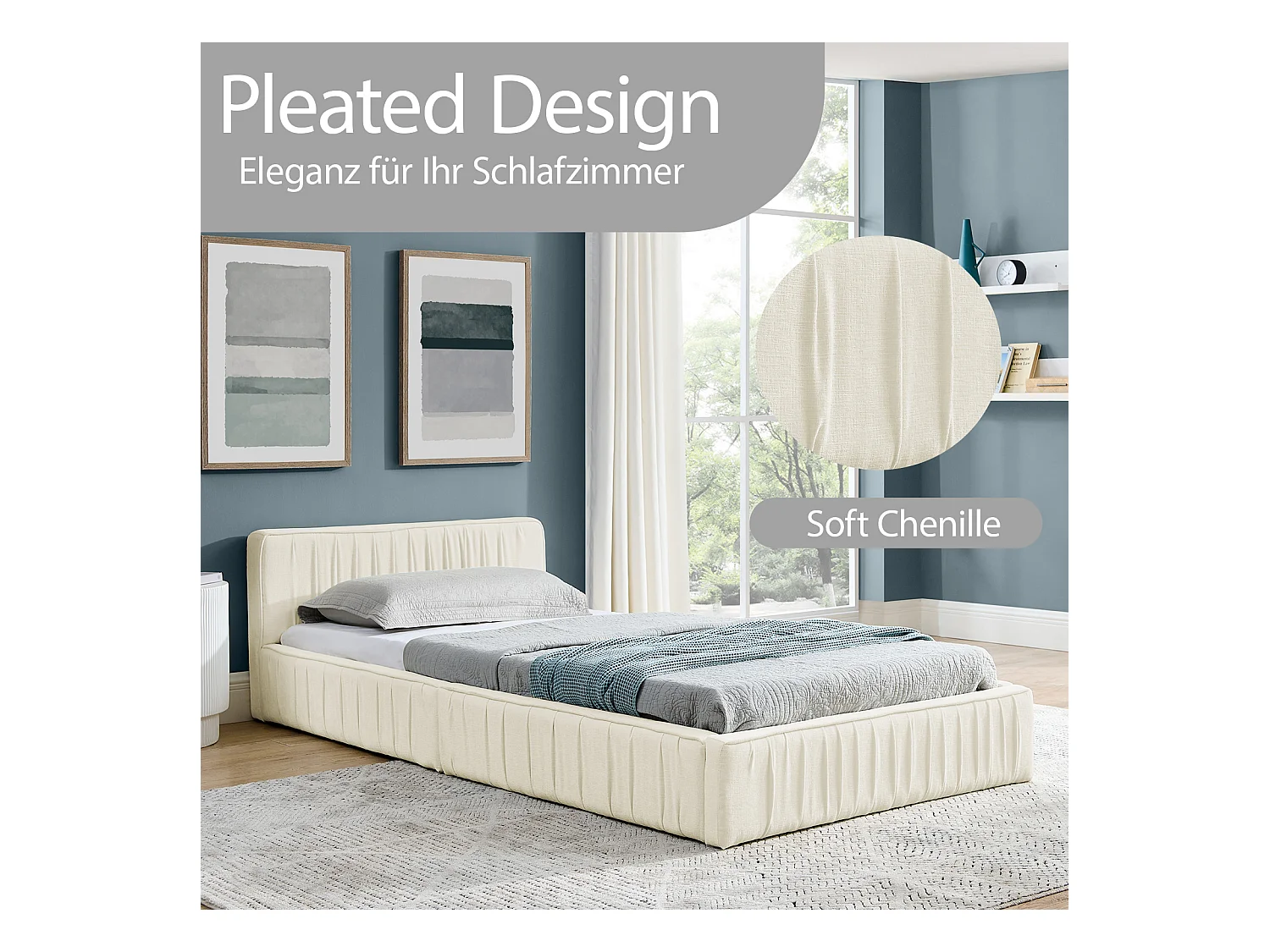 Beige eenpersoonsbed 90x200cm, lattenbodem, chenille stof (zonder matras)