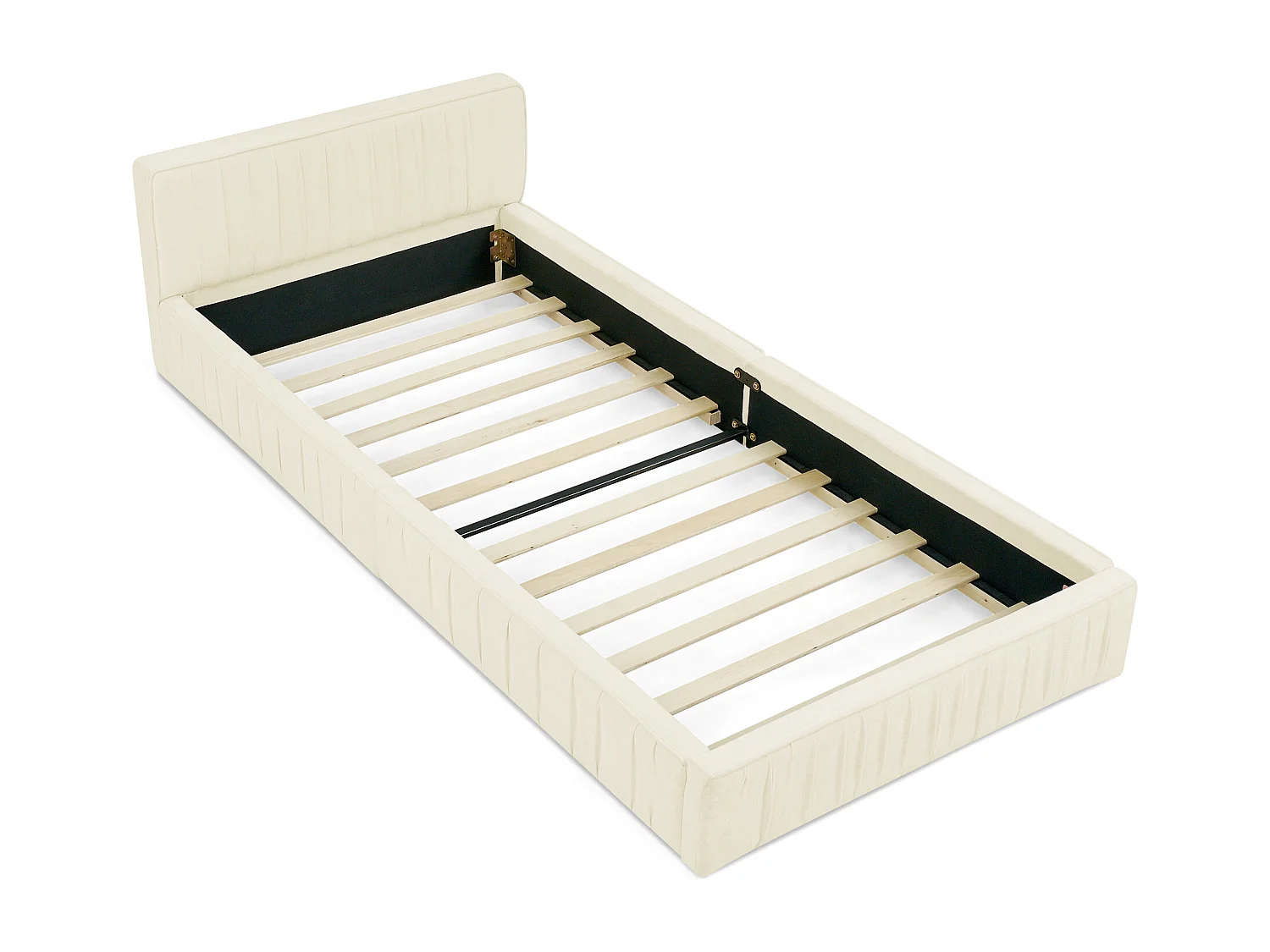 Lit simple beige 90x200cm, sommier à lattes, tissu chenille (sans matelas)