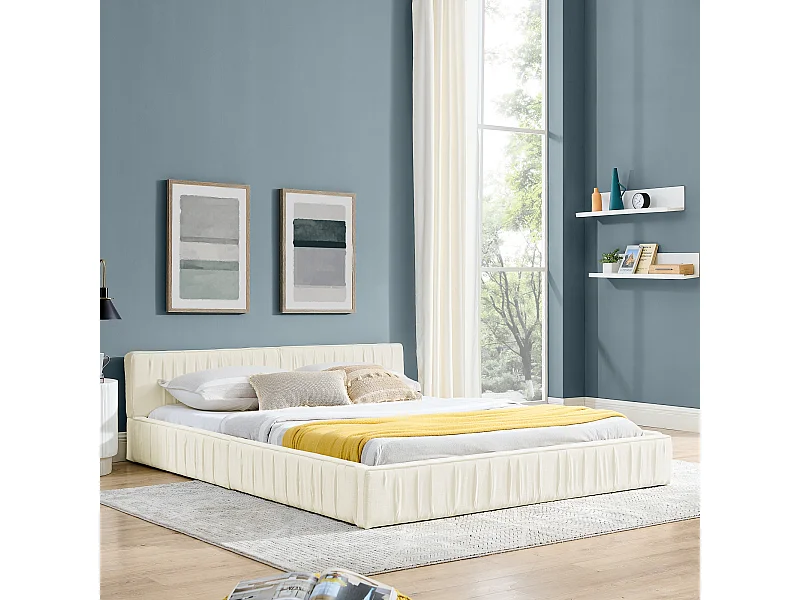 Beige tweepersoonsbed 160x200cm, lattenbodem, chenille stof (zonder matras)