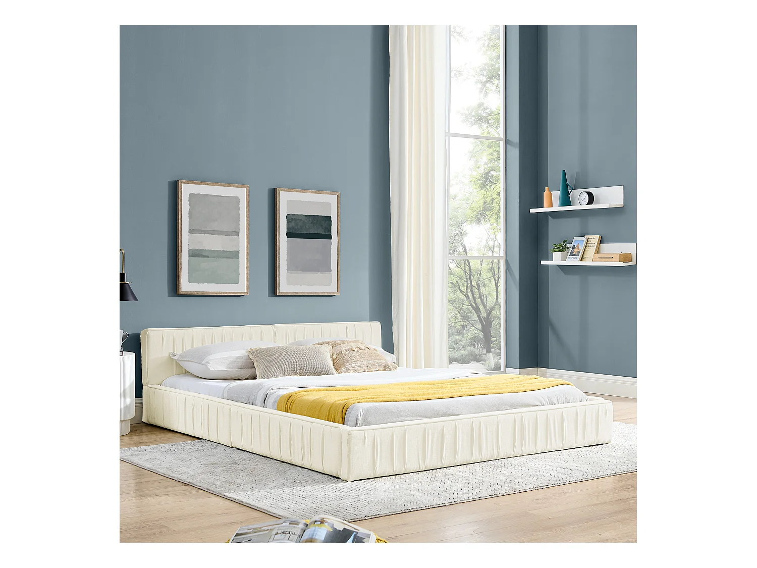 Beige tweepersoonsbed 160x200cm, lattenbodem, chenille stof (zonder matras)