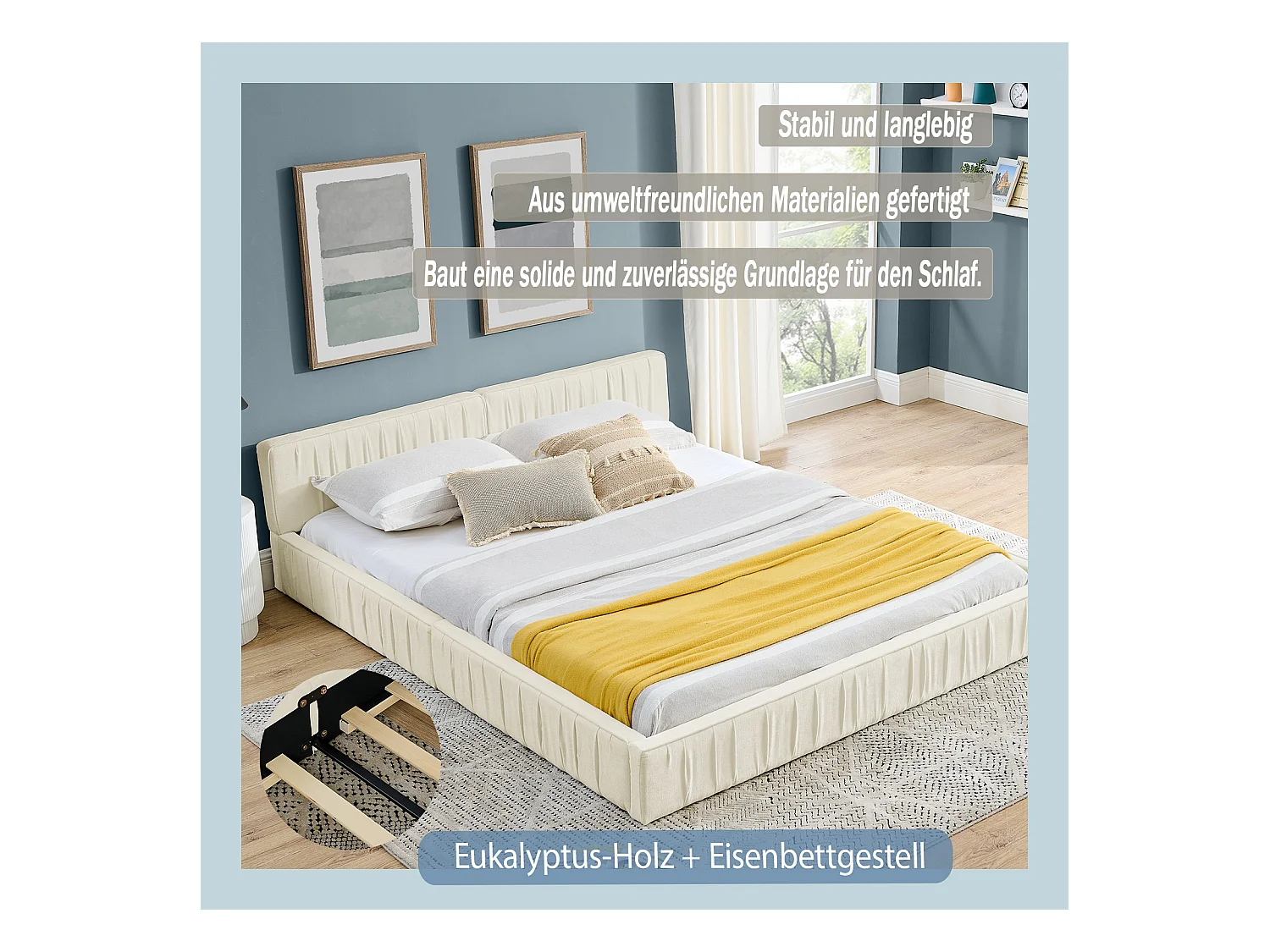 Beige tweepersoonsbed 160x200cm, lattenbodem, chenille stof (zonder matras)