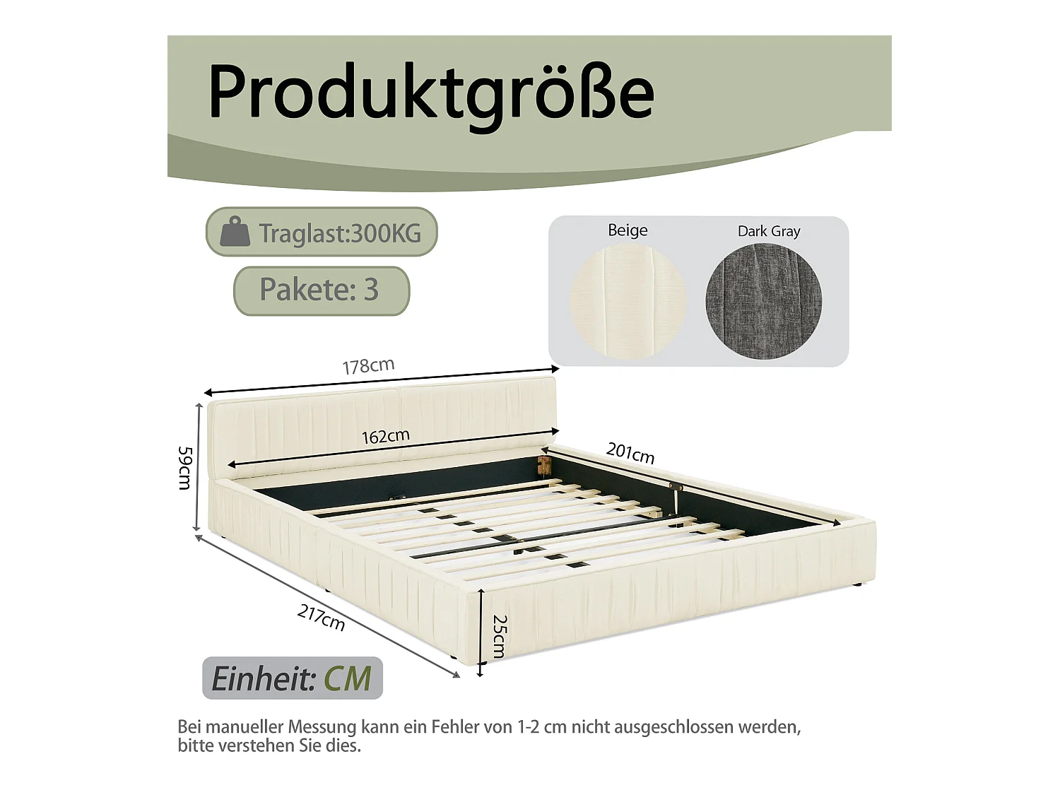 Beige tweepersoonsbed 160x200cm, lattenbodem, chenille stof (zonder matras)