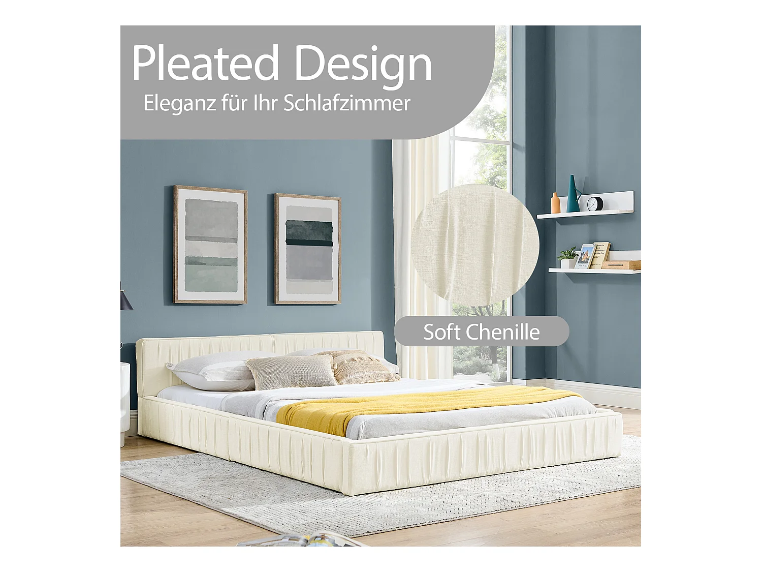 Beige tweepersoonsbed 160x200cm, lattenbodem, chenille stof (zonder matras)