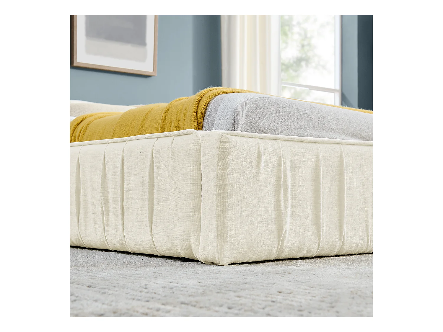 Beige tweepersoonsbed 160x200cm, lattenbodem, chenille stof (zonder matras)