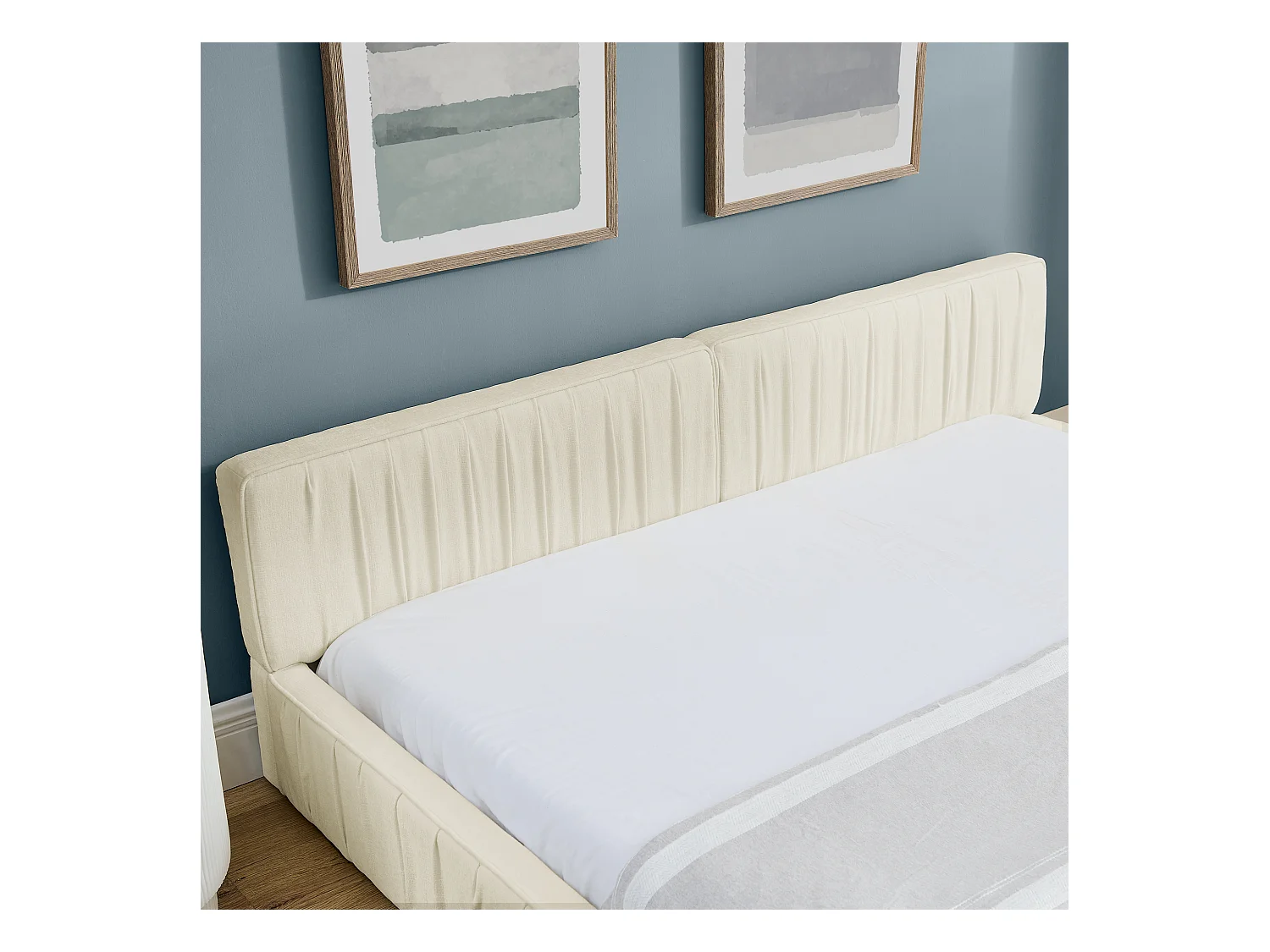 Beige tweepersoonsbed 160x200cm, lattenbodem, chenille stof (zonder matras)