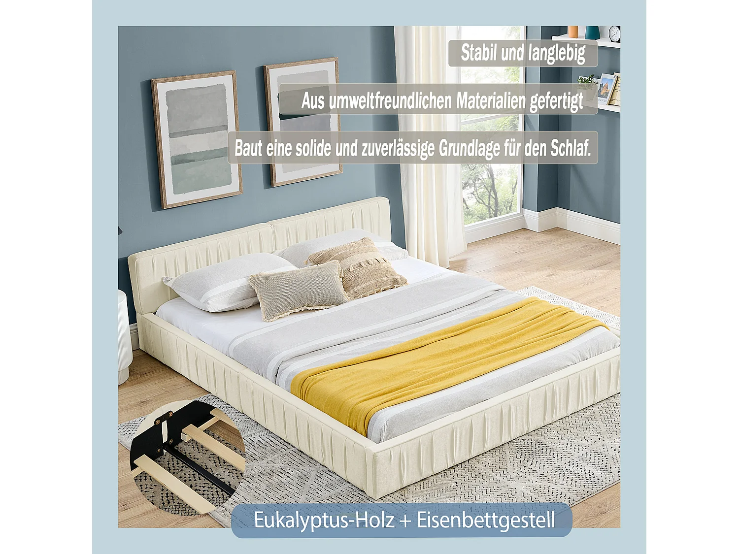 Lit double beige 160x200cm, sommier à lattes, tissu chenille (sans matelas)