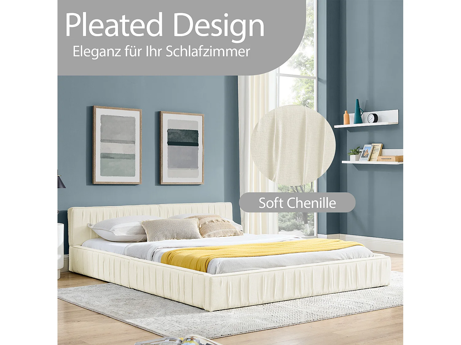 Lit double beige 160x200cm, sommier à lattes, tissu chenille (sans matelas)