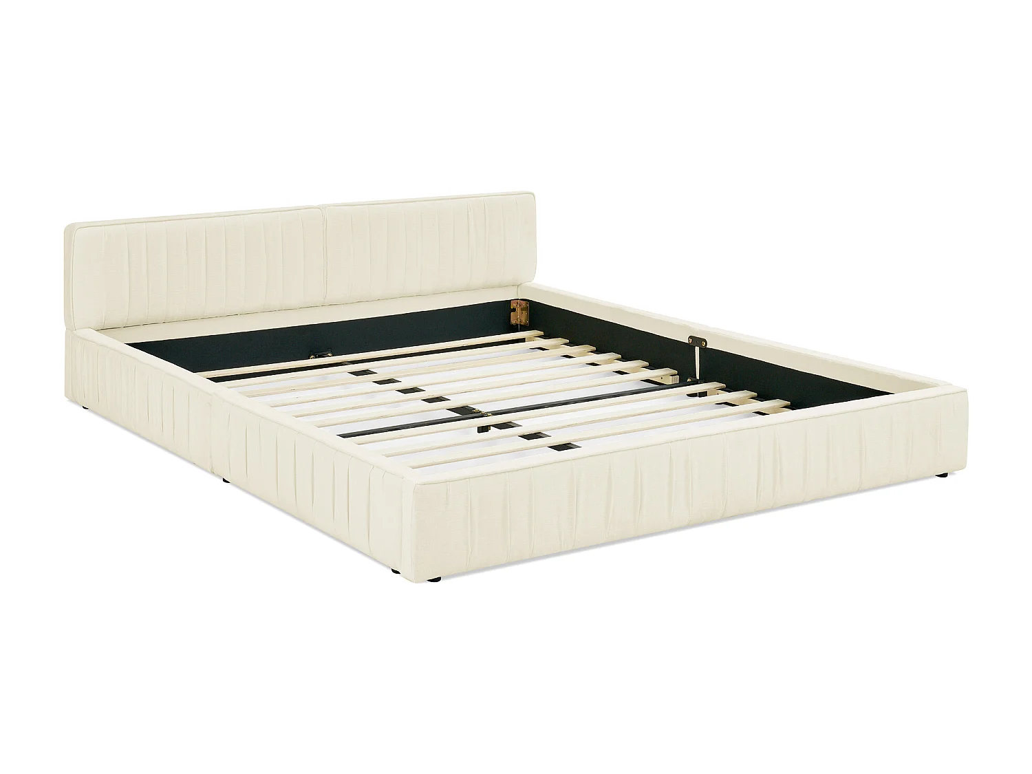 Lit double beige 160x200cm, sommier à lattes, tissu chenille (sans matelas)