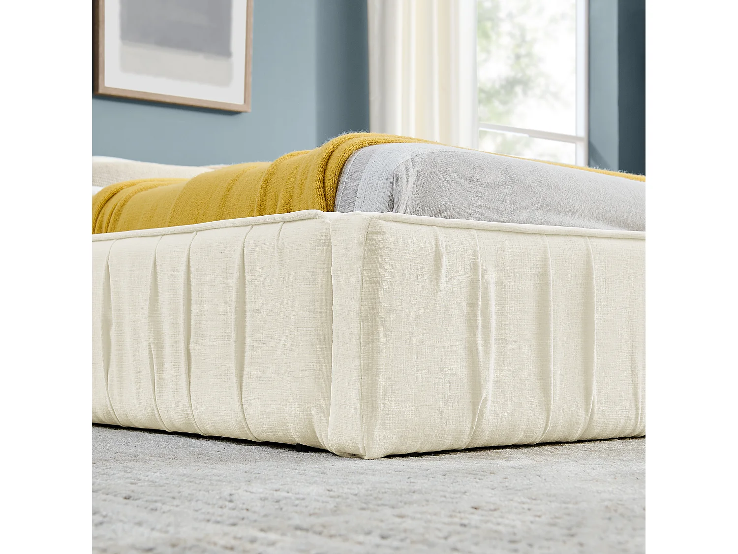 Lit double beige 160x200cm, sommier à lattes, tissu chenille (sans matelas)