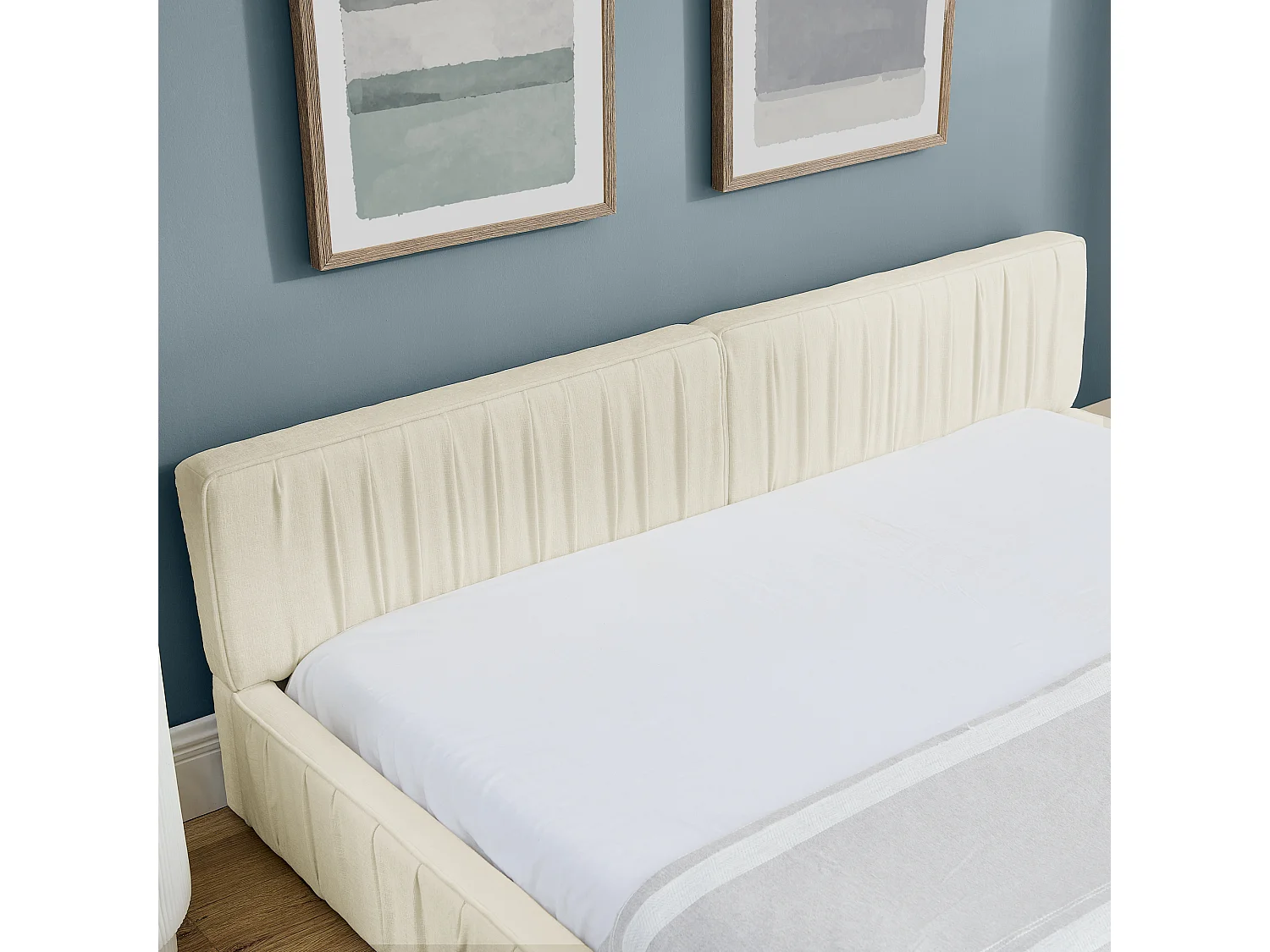 Lit double beige 160x200cm, sommier à lattes, tissu chenille (sans matelas)