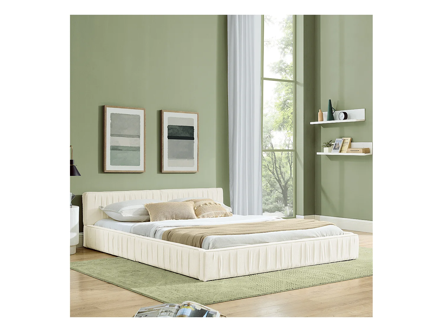 Beige tweepersoonsbed 140x200cm, lattenbodem, chenille stof (zonder matras)