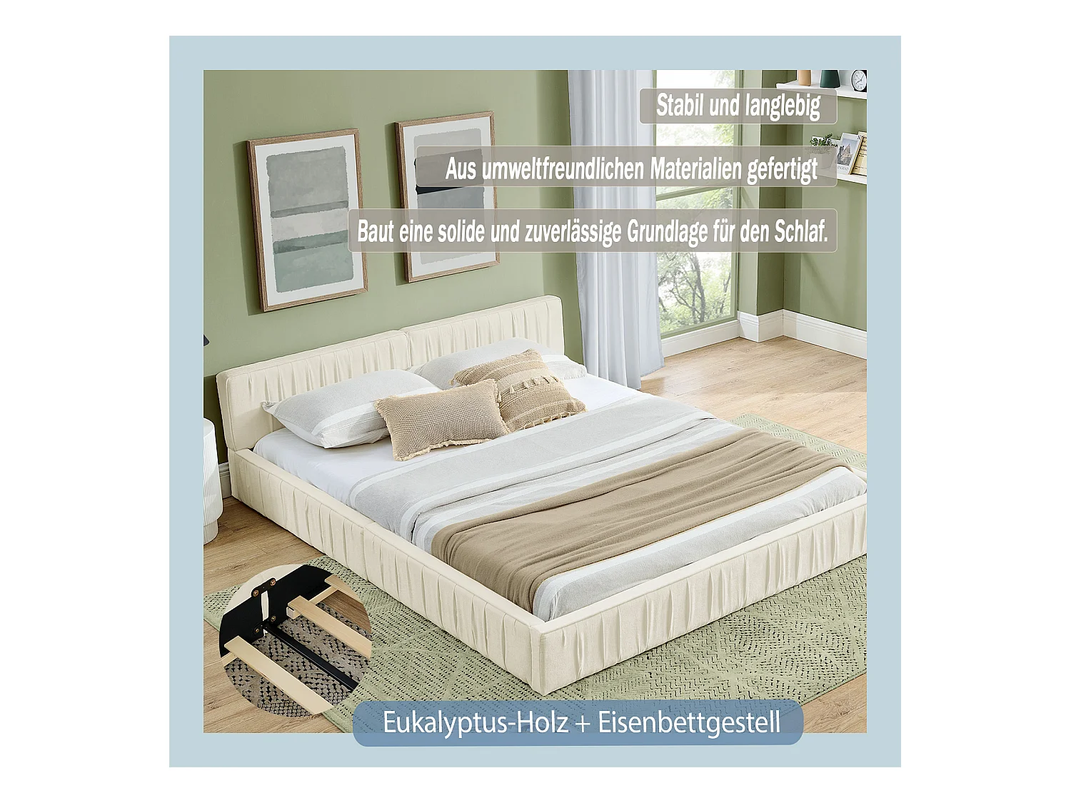 Beige tweepersoonsbed 140x200cm, lattenbodem, chenille stof (zonder matras)
