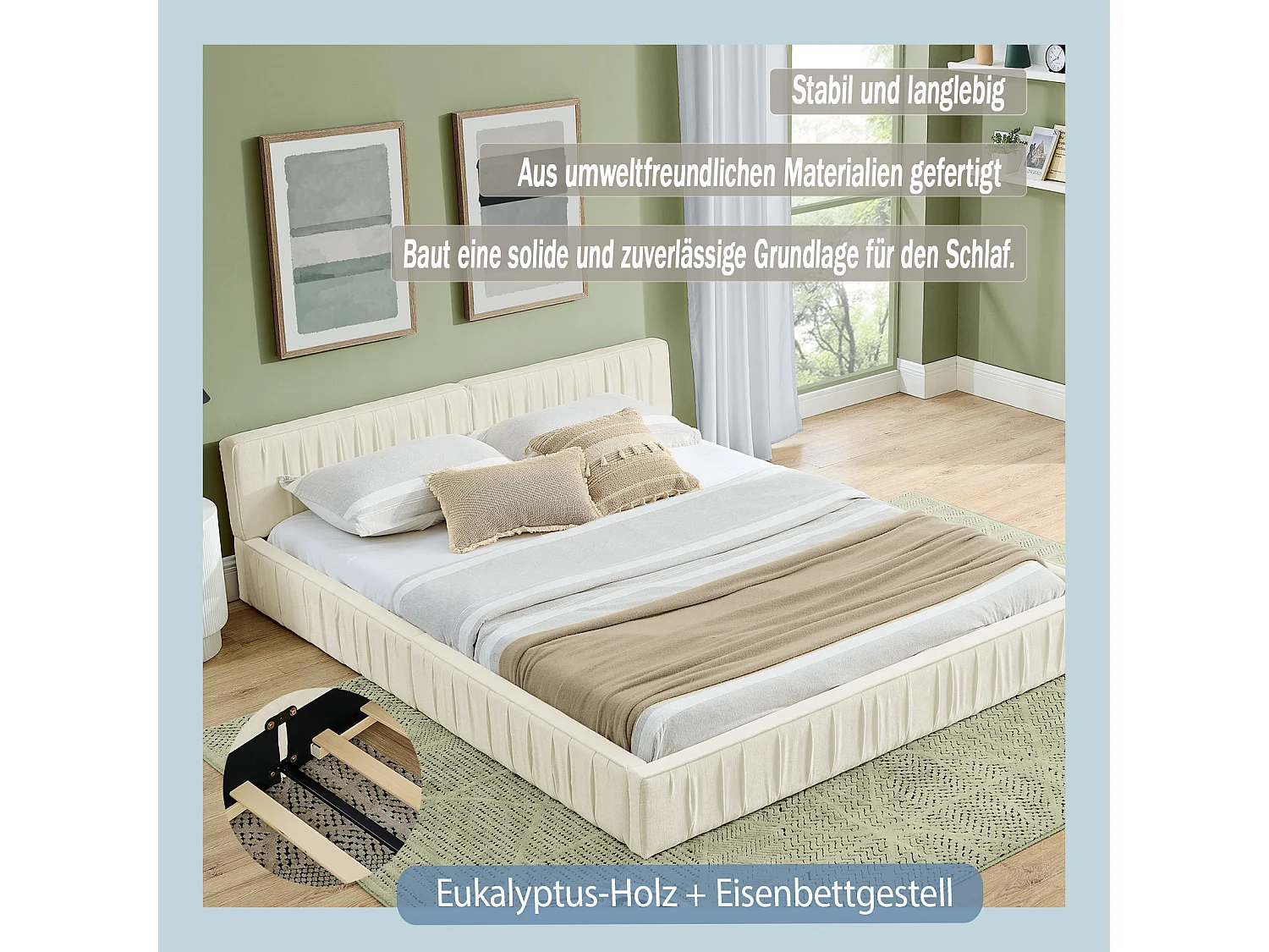 Lit double beige 140x200cm, sommier à lattes, tissu chenille (sans matelas)