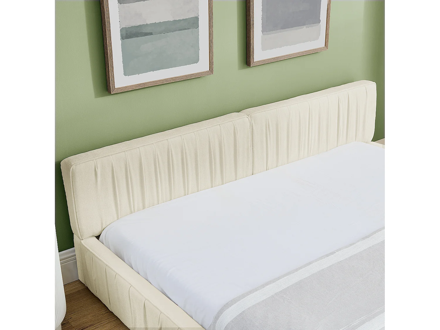 Lit double beige 140x200cm, sommier à lattes, tissu chenille (sans matelas)