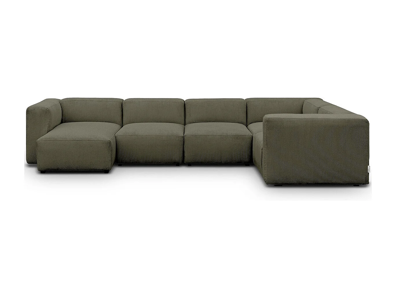 Canapé modulable panoramique 6 places avec méridienne à gauche + pouf en velours côtelé vert kaki - Modulo