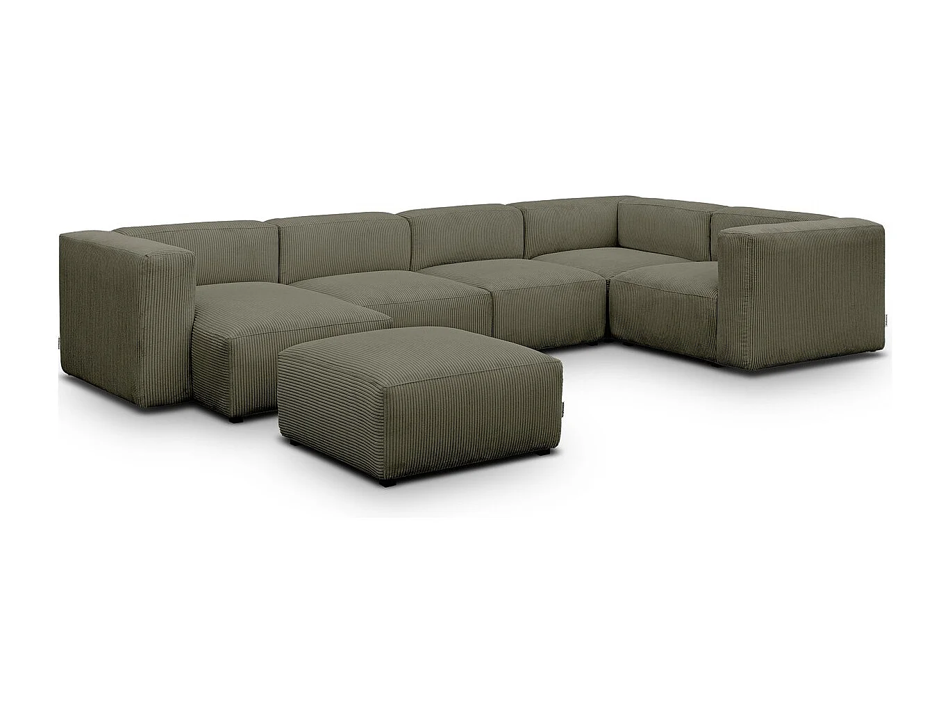 Canapé modulable panoramique 6 places avec méridienne à gauche + pouf en velours côtelé vert kaki - Modulo