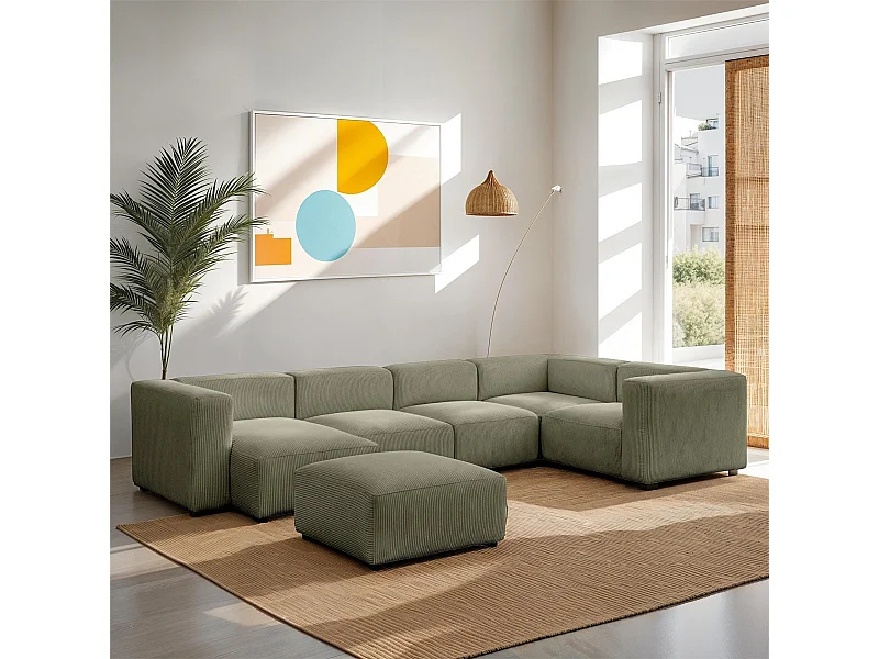 Canapé modulable panoramique 6 places avec méridienne à gauche + pouf en velours côtelé vert kaki - Modulo