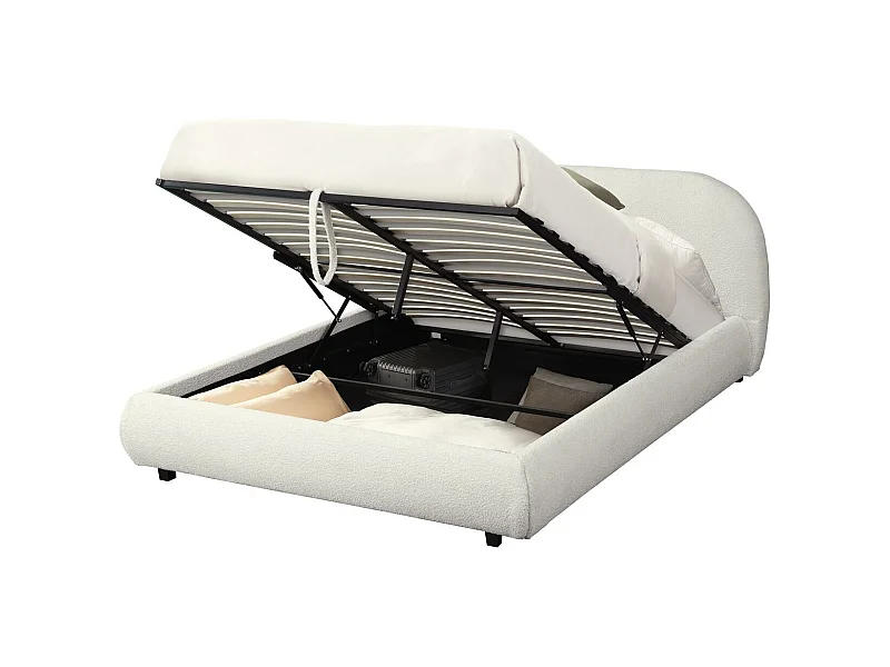 Lit coffre adulte 160x200 cm avec tête de lit matelassée en tissu bouclé beige - Madisson