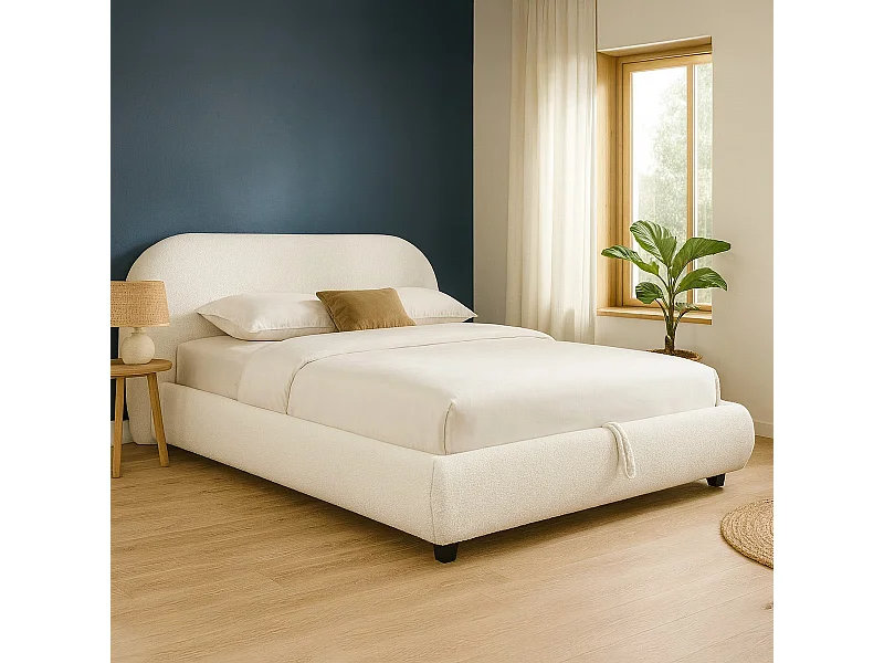 Lit coffre 160x200 cm avec tête de lit matelassée en tissu bouclé beige - Madisson