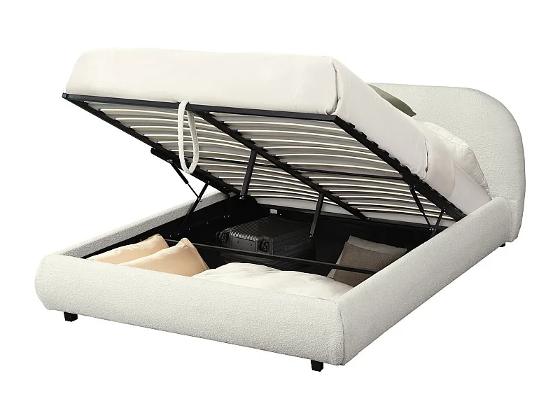 Lit coffre adulte 140x190 cm avec tête de lit matelassée en tissu bouclé beige - Madisson