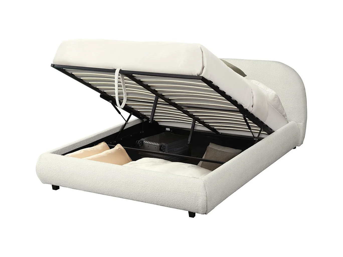 Lit coffre adulte 140x190 cm avec tête de lit matelassée en tissu bouclé beige - Madisson