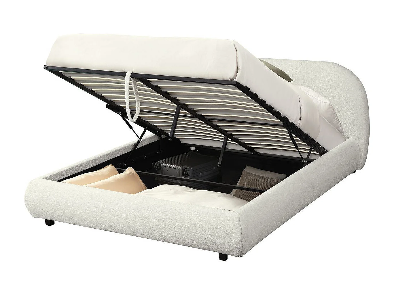 Lit coffre 140x190 cm avec tête de lit matelassée en tissu bouclé beige - Madisson