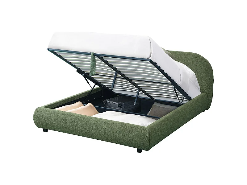 Lit coffre adulte 160x200 cm avec tête de lit matelassée en tissu bouclé vert kaki - Madisson