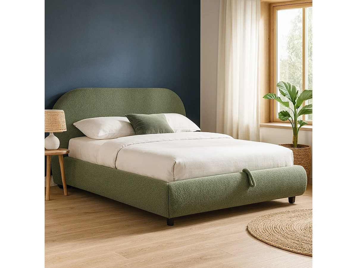 Lit coffre 160x200 cm avec tête de lit matelassée en tissu bouclé vert kaki - Madisson