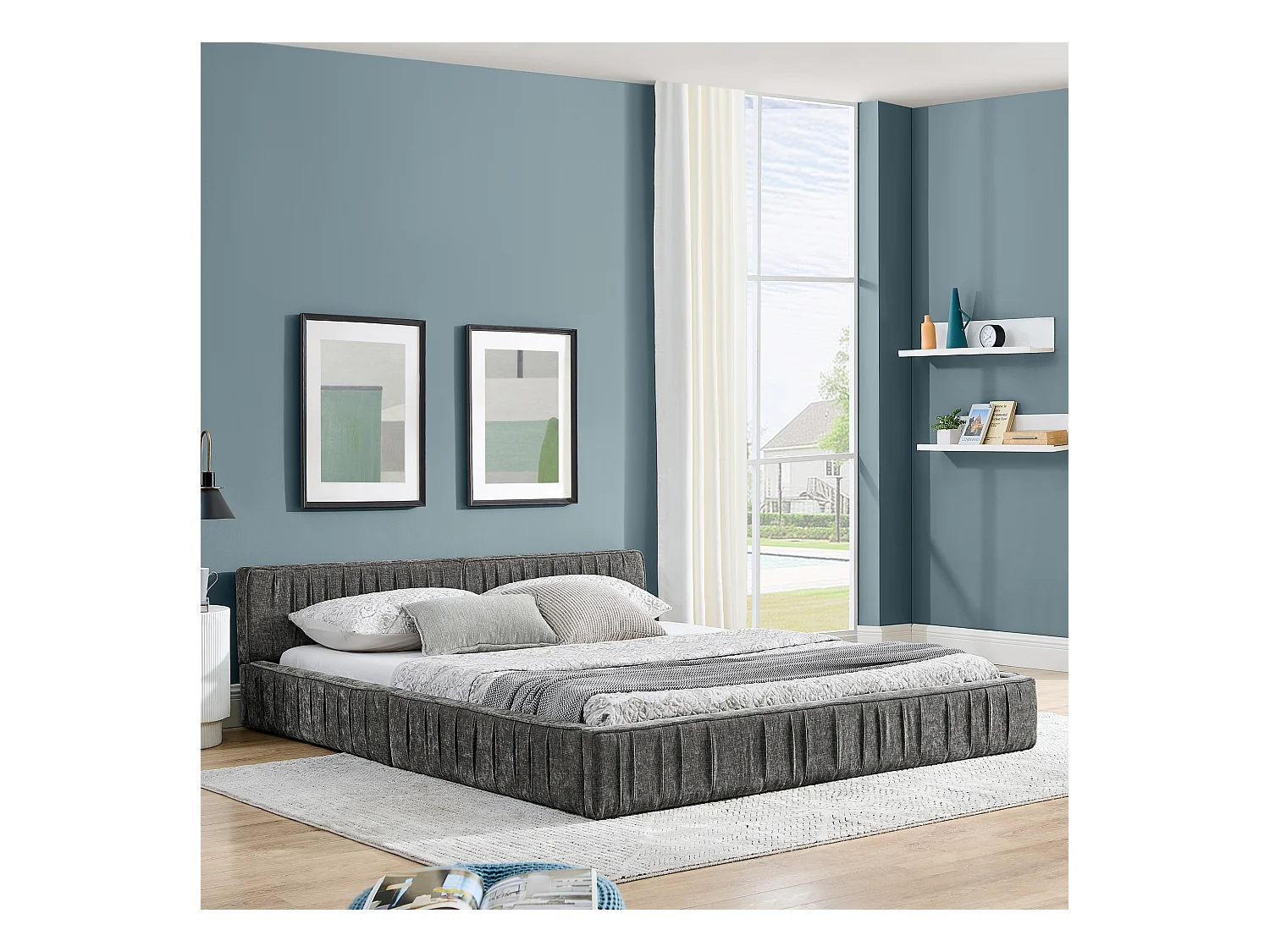 Donkergrijs tweepersoonsbed 160x200cm, lattenbodem, chenillestof (zonder matras)